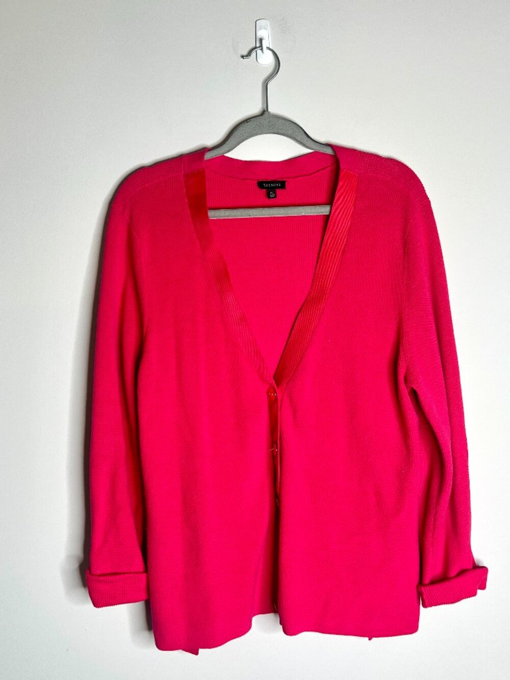 Talbots Hot Pink Deep V-Neck Button-Front Cardigan Long Lined Gold Button Sz XL